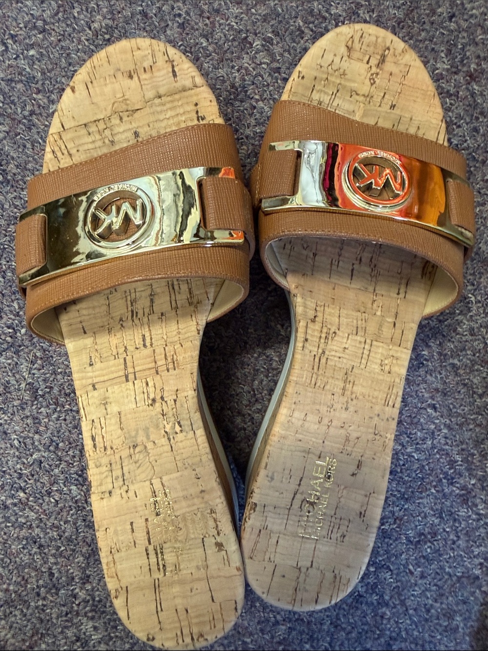 Michael Kors Tan Slide Sandals with Gold Logo Accent